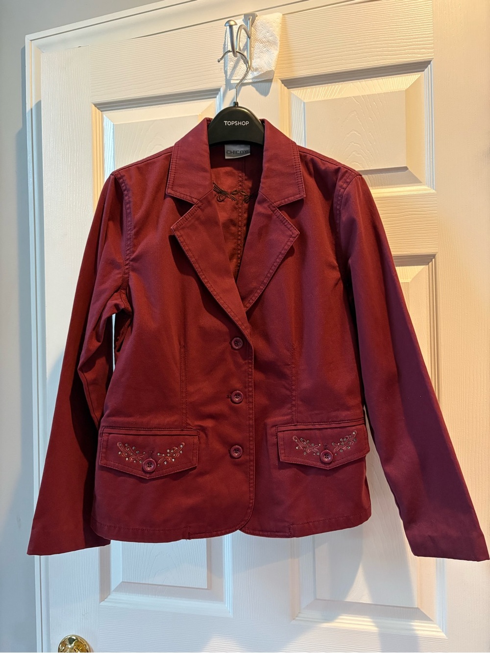 Chico’s Burgundy Cotton Embellished Blazer Jacket Rhinestone Fall Western